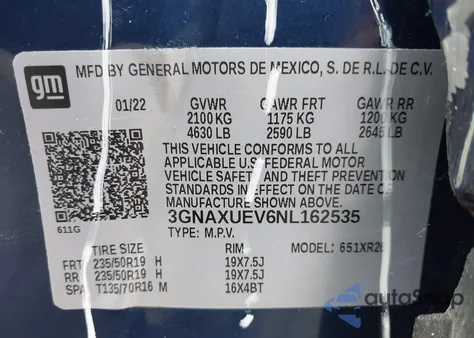 2022 Chevrolet Equinox Awd Lt из США, поврежденный, VIN 3GNAXUEV6NL162535